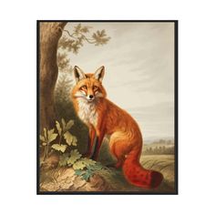 a painting of a red fox standing next to a tree