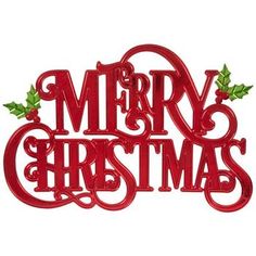 merry christmas sign with holly leaves and red lettering on white background, isolated from the front