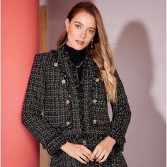 Premium Plaid Raw Trim Tweed Jacket - Black & Gold W/ Gold Hardware Black Long Sleeve Tweed Jacket For Winter, Black Long Sleeve Tweed Jacket For Fall, Black Long Sleeve Tweed Jacket, Chic Black Long Sleeve Tweed Jacket, Black Tweed Outerwear For Spring, Chic Black Tweed Jacket For Winter, Chic Fitted Black Tweed Jacket, Chic Black Fitted Tweed Jacket, Black Chic Tweed Jacket