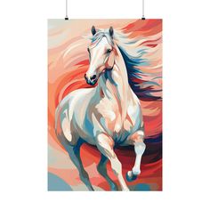 a painting of a white horse running in the wind with red and yellow background, framed on