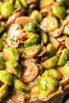 brussel sprouts with mushrooms and bacon in a sauce