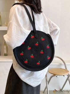 BirdinBag - Cherry Print Crochet Bag with Dual Handles - No Closure Casual Handmade Black Straw Bag, Casual Black Handmade Straw Bag, Casual Black Embroidered Bag, Casual Black Straw Bag For Spring, Black Large Capacity Crochet Bag, Casual Embroidered Straw Tote Bag, Casual Black Crochet Bag With Large Capacity, Handmade Black Bags For Spring, Black Woven Shoulder Bag For Spring