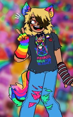 a drawing of a person with an animal hat and rainbow hair holding a drink in their hand