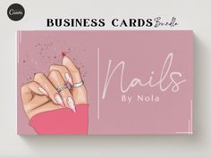 a business card for nails by nola featuring a woman's hand with pink manicures