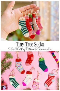 tiny tree socks are hanging from a string on a pink background with text overlay that says, tiny tree socks