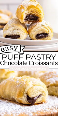 puff pastry chocolate croissants are stacked on top of each other