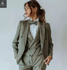 Green Tuxedo Dressy Pant Three Piece Suit for Women | eBay Pant Suit Prom Women, Cottagecore Suits Women, Masculine Professional Outfits For Women, Sage Green Suit Wedding Women, Sage Suit Women, Unisex Prom Outfits, Wedding Suits Bride, Female In A Suit, Prom Suits Women Elegant