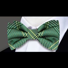 Green Plaid Bow Tie Classic Green Bow Tie For Gifts, Formal Bow With Butterfly Knot, Formal Butterfly Knot Bow Tie, Dapper Tie With Butterfly Knot For Black Tie Events, Fitted Business Ties With Butterfly Knot, Fitted Bow Tie For Father's Day, Classic Green Bow Tie For Formal Occasions, Dapper Bow Tie For Formal Father's Day, Business Tie With Butterfly Knot