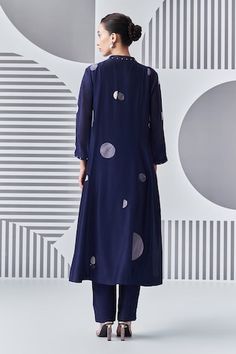 Indigo kalidar kurta with thread applique embroidery in abstract pattern. Paired with slip. - Aza Fashions Designer Fitted Chanderi Kurta, Blue Cotton Silk Salwar Kameez With Mirror Work, Fitted Indigo Kurta With Resham Embroidery, Designer Blue Cutdana Sets, Applique Kurta, Applique Embroidery, Felt Applique, Embroidery Applique, Embroidery Thread