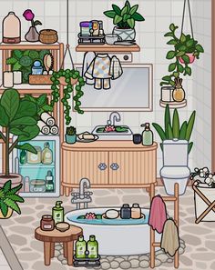 a bathroom filled with lots of plants and furniture