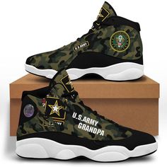 Us Army Grandpa Camo Shoes J13 Sneakers White  Kv Lightweight construction with breathable mesh fabric provides a comfortable and flawless fit. Army Shoes, Camo Sneakers, Hype Beast, Camo Shoes, Jordan 13 Shoes, Army Strong, Army Camo, Personalized Shoes, Army Wife