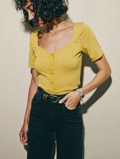 The sweetheart short sleeve top that adds a feminine touch and an on-duty vibe to your jeans and a tee rotation. Yes, you need it. (This one comes in Antique Gold.) | Women's Marcella Top in Antique Gold | Ethical Essentials Fitted Vintage Embroidered Short Sleeve Top, Yellow Stretch Short Sleeve Top, Yellow Short Sleeve Urban Top, Vintage Yellow Short Sleeve T-shirt, Yellow Soft-washed Short Sleeve Tops, Short Sleeve Top, Square Neck, Antique Gold, Short Sleeves Tops