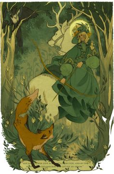 an illustration of a woman with a bow in the woods and a fox behind her