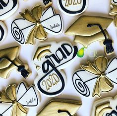 graduation cookies decorated with gold and black icing