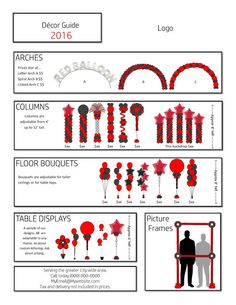 an info sheet describing the different types of balloons and decorations in red, black and white