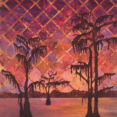 a painting of some trees in the water with purple and pink colors behind them,