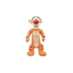 a stuffed animal that looks like a tiger with red nose and tail, sitting on a white background