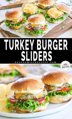 turkey burger sliders with cheese and lettuce on them, served on a white plate