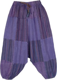 A royal violet, striped, and solid patchwork harem style pants for the young ones. Made of cotton, the pants are airy and have an elastic drawstring waist and elastic bottoms. #tlb #Patchwork #Stonewash #bohemianfashion #Handmade #HippiePants #PatchworkPants #KidsPants Summer Purple Cotton Harem Pants, Purple Cotton Patchwork Bottoms, Purple Patchwork Cotton Bottoms, Casual Purple Patchwork Bottoms, Purple Cotton Harem Pants With Elastic Waistband, Purple Cotton Hippie Bottoms, Purple Cotton Bottoms For Festivals, Purple Cotton Festival Bottoms, Purple Cotton Pants For Festival