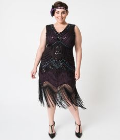 Unique Vintage Plus Size 1920s Deco Purple & Black Sequin Veronique Fringe Flapper Dress 1920 Flapper Dress, 1920s Dresses, Flapper Dresses, Flapper Costume