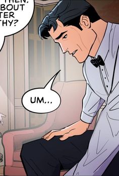 a comic strip with a man sitting on a couch talking to another man who is wearing a bow tie