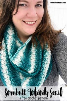 a woman wearing a green and white crochet scarf with text overlay that says,