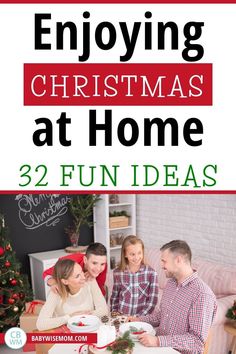 three people sitting at a table in front of a christmas tree with the words, enjoying christmas