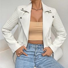 Chic White Vegan Leather Moto Crop Jacket Xs S M L, Vegan Leather , Ships In 7-8 Days Womens Moto Jacket, Trendy Business Casual, Business Formal Dress, Coachella Dress, Women Jackets, Professional Dresses, Leather Moto, Leather Moto Jacket, Zipper Jacket