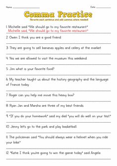 the worksheet for comma practice