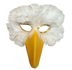 a white and yellow bird mask with feathers on it's head, against a white background