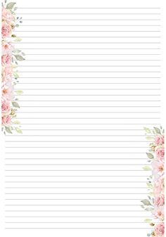 a lined paper with pink flowers and leaves on the border, in front of a white background