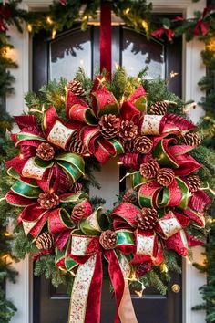 a christmas wreath with red and green bows hanging from the front door, decorated with pine cones