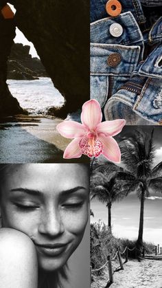 black and white photos with pink flower in the foreground, woman's face