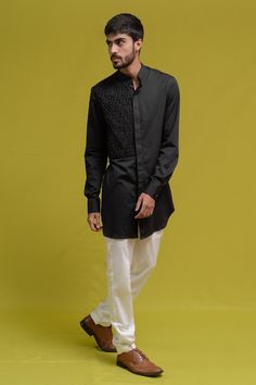 Buy Black Pure Cotton Smocked Kurta And Pant Set For Men by Runit Gupta Online at Aza Fashions. Shirt Detailing