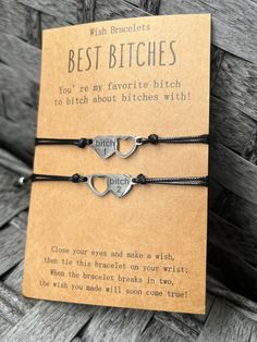 Our friendship bracelet set takes a whole new spin on friendship!  Perfect as a gift for you to share with your besties :) A special way for you to think of each other- even when you are apart. 💕 Material - Made of High-Quality Nylon Black Cord and heart charms 💕 Adjustable Size - The length is 4"-9", you can adjust the size through a sliding knot to fit even the largest or smallest of wrists Beautiful and adjustable, perfect for bitching about bitches! Adjustable Novelty Jewelry For Best Friend Gift, Personalized Novelty Bracelets For Best Friend, Novelty Personalized Friendship Bracelets, Novelty Personalized Bracelets For Best Friend, Trendy Heart-shaped Friendship Bracelets Gift, Novelty Bracelets For Valentine's Day Gift, Inspirational Friendship Bracelets For Mother's Day, Trendy Heart-shaped Friendship Bracelets, Couples Heart Bracelet For Valentine's Day And Friendship