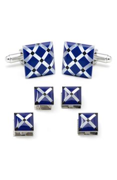 Elevate your look with these silvertone metal cuff links and studs featuring mother-of-pearl, onyx and blue stone set in an intricate diamond argyle pattern. 5/8" square cuff links; 1/3" square studs Metal/mother-of-pearl/onyx/stone Imported Designer Silver Clip-on Jewelry, Elegant Silver Cufflinks, Designer Jewelry With Polished Finish For Formal Occasions, Designer Silver Cufflinks With Polished Finish, Elegant Jewelry With Polished Finish For Business, Elegant Polished Finish Jewelry For Business, Elegant Polished Jewelry For Business, Designer White Gold Business Jewelry, Designer White Gold Jewelry For Business