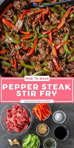 steak stir fry in a pan with peppers and other ingredients to make it look like they are