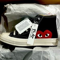 New In Box Converse Play Comme Des Garcons Black With Red Heart Design. Size 10 Mens 12 Women’s Garcons Converse Outfit, Commes Des Garcons Converse, Converse Play Comme Des Garcons, Comme Des Garcons Heart, Red Heart Design, Converse Play, Comme Des Garcons Converse, Comme Des Garcons Black, Play Comme Des Garcons