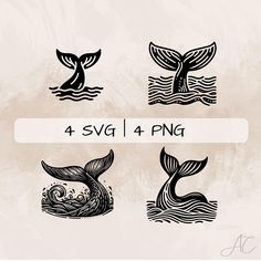 4 svg mermaid tail designs in black and white, with the words 4 svg / 4 png