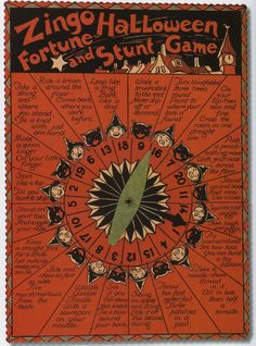 an orange and black poster with words on it that read zingo hallowen fortune and stunt game