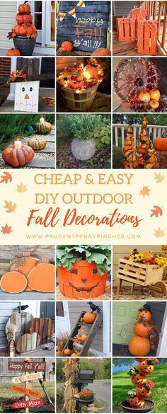 an outdoor fall decoration collage with pumpkins