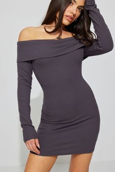 This mini dress is perfection. Features - Off-the-shoulder construction - Foldover neckline - Stretchy Size & Fit - Fit: Fitted - Length: Mini - Model is wearing size S Materials & Care - Content: 94% modal, 6% spandex - Care: Machine wash, cold - Imported Off Shoulder Gray Dress, Grey Long Sleeve Mini Dress, Colorful Romper, Mini Model, Festival Shorts, Mom Shorts, Long Sleeve Mini, Denim Mini Skirt, Long Sleeve Mini Dress