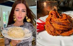 a woman holding a plate of spaghetti next to an image of a bowl of spaghetti