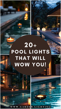 a collage of pictures of a pool with candles and a pool Pool Area Decorating Ideas, Above Ground Pool Lights, Inground Pool Lights, Solar Pool Lights, Floating Pool Lights