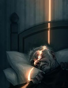 an old man laying in bed with his head on the pillow and eyes glowing from behind him