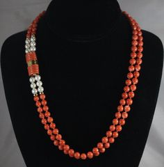 -Vintage 14k Gold Natural Orange Coral with Pearl Necklace -Total length: 20 in -Pearl size: 6.5 mm -Coral size: 7 mm -Clasp size: 1 in x 0.5 in x 0.3 in -Total weight: 58.8 g -Marked 585, 14k -Coral might have few hairline cracks Elegant 8mm Beads Jewelry For Formal Occasions, Vintage Akoya Pearl Jewelry With Round Beads, Vintage Akoya Pearl Beaded Jewelry, Elegant 8mm Beads Jewelry For Anniversary, Vintage Akoya Pearl Bead Jewelry, Vintage Formal Jewelry With 8mm Beads, Vintage 8mm Beads Jewelry For Formal Occasions, Formal Vintage Jewelry With 8mm Beads, Formal Pearl Necklace With Gemstone Beads