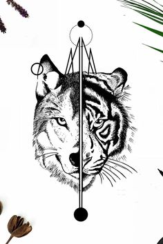 a drawing of a tiger with an arrow in its mouth and another animal behind it