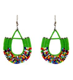 Hand- crafted by women of the Maasai tribe in rural Kenya, these bright and colorful, Maasai bead dangle earrings are fun and lightweight! | Hand- crafted by women of the Maasai tribe in rural Kenya, these bright and colorful, Maasai bead dangle earrings are fun and lightweight! The Story Behind the Art: Maasai beadwork embodies the whole of Maasai culture representing beauty, strength, tradition, warriorhood, social status and their deep love and devotion for their cattle. The age old artform i Artisan Green Beaded Dangling Earrings, Artisan Green Beaded Earrings With Dangling Beads, Traditional Green Beaded Dangle Earrings, Traditional Green Teardrop Beaded Earrings, Bohemian Green Beaded Earrings With Colorful Beads, Bohemian Green Beaded Earrings, Green Bohemian Beaded Earrings, Multicolor Fair Trade Beaded Earrings, Green Beaded Earrings For The Beach