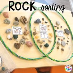 two rocks are shown with the words rock sorting in front of them on a table