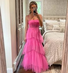 Pink Tulle Prom Dress, Prom Dresses Long Pink, Spaghetti Strap Prom Dress, Simple Prom Dress, Floor Length Prom Dresses, Pink Prom, Solid Color Dress, Pink Prom Dresses, Pink Tulle